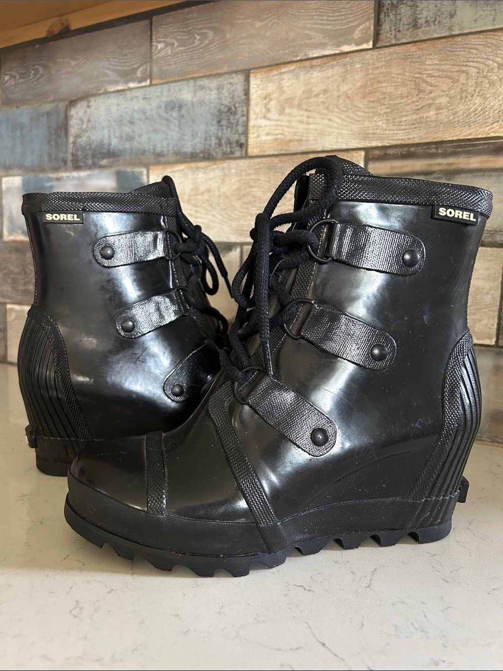 Sorel Joan of Arctic Black Gloss Wedge Rain Boots